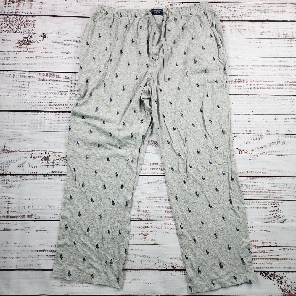 Polo Ralph Lauren Mens XL Pajama Pants Gray Navy Pony Logo Print Lounge